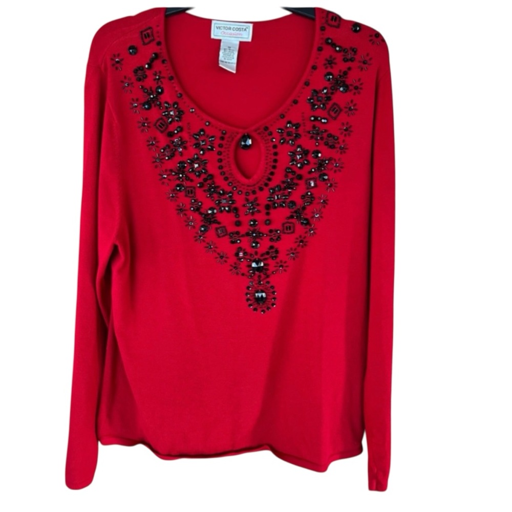 Victor Costa Occasion Red Sweater Black  Beaded Keyhole Pullover Size 1X